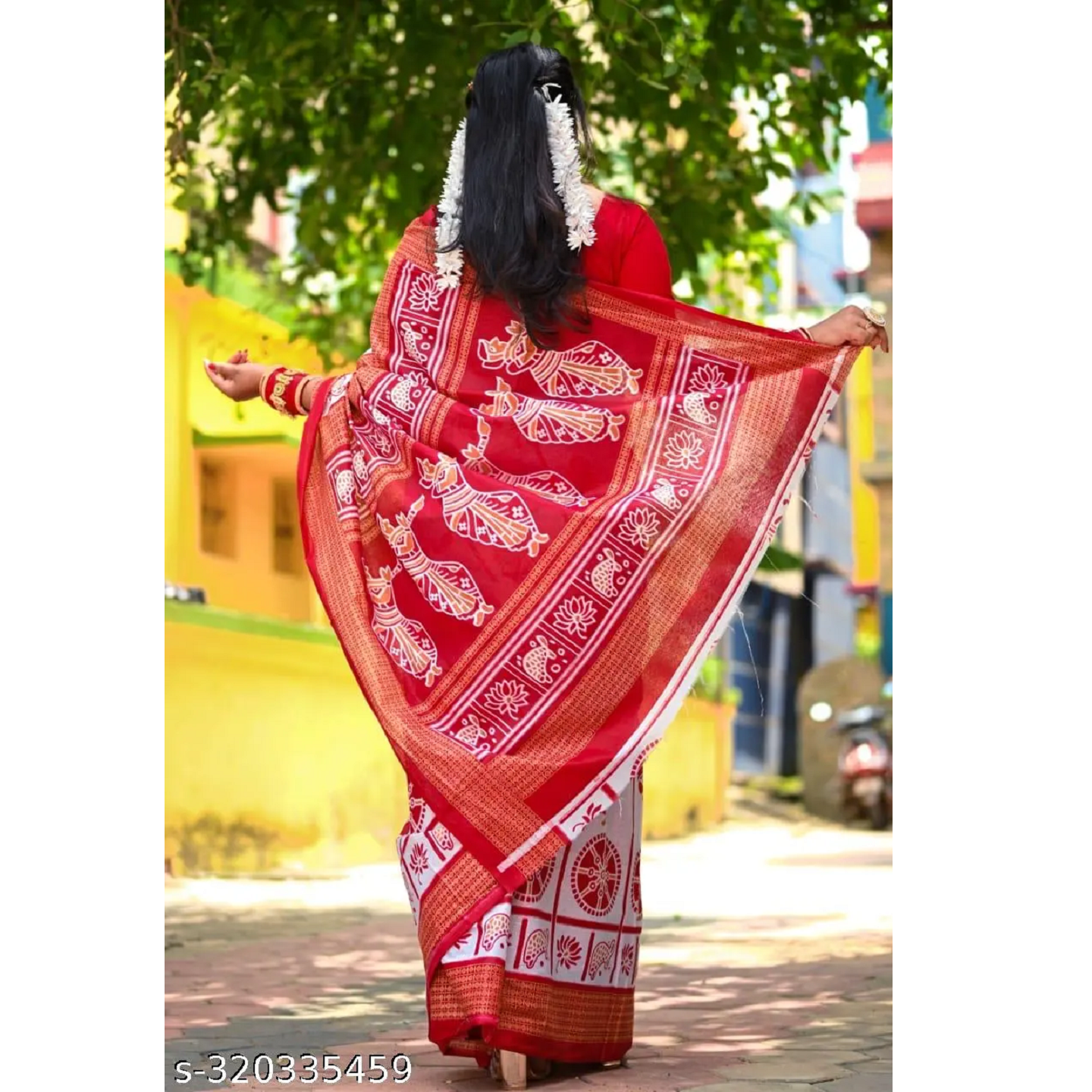 Red Printed Cotton Sambalpuri Saree Without Blouse