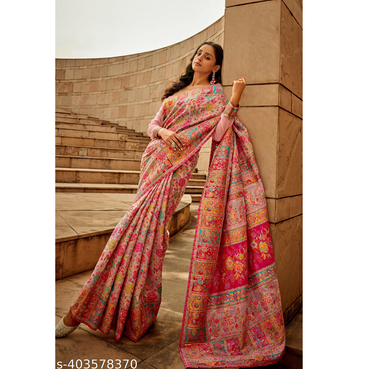 Pink Woven Cotton Silk Kashmiri Saree With Blouse