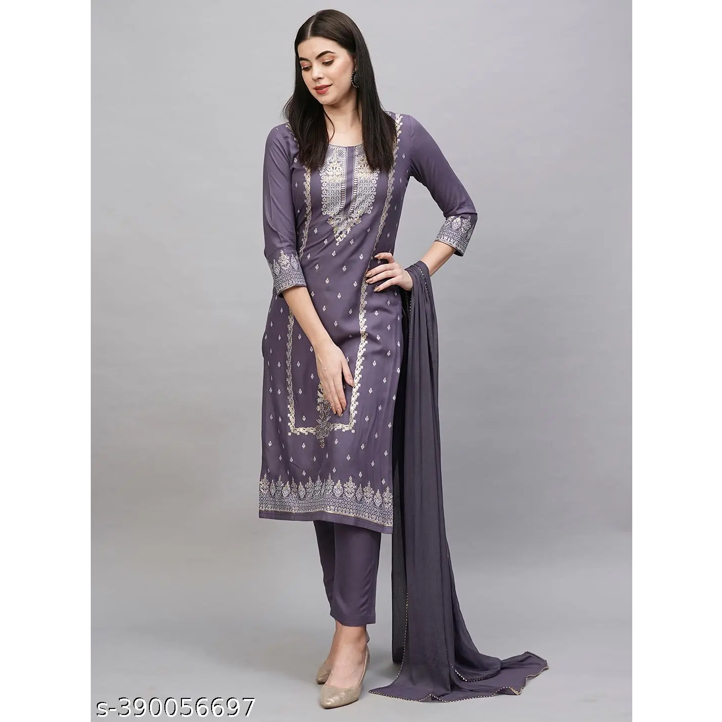 Purple Embroidered Rayon Straight Kurta Pant Dupatta Set