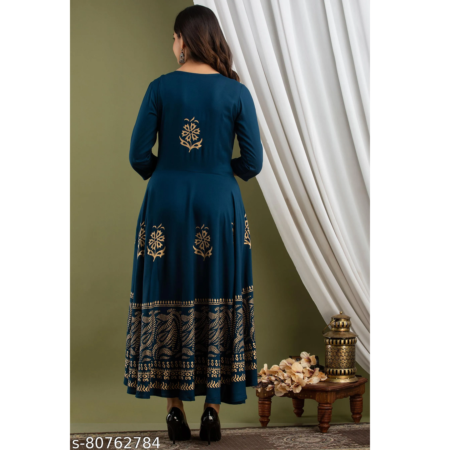 Blue Printed Rayon Anarkali Kurta Pant Set For Women