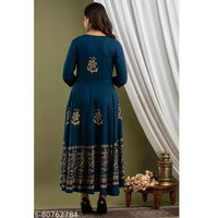 Blue Printed Rayon Anarkali Kurta Pant Set For Women