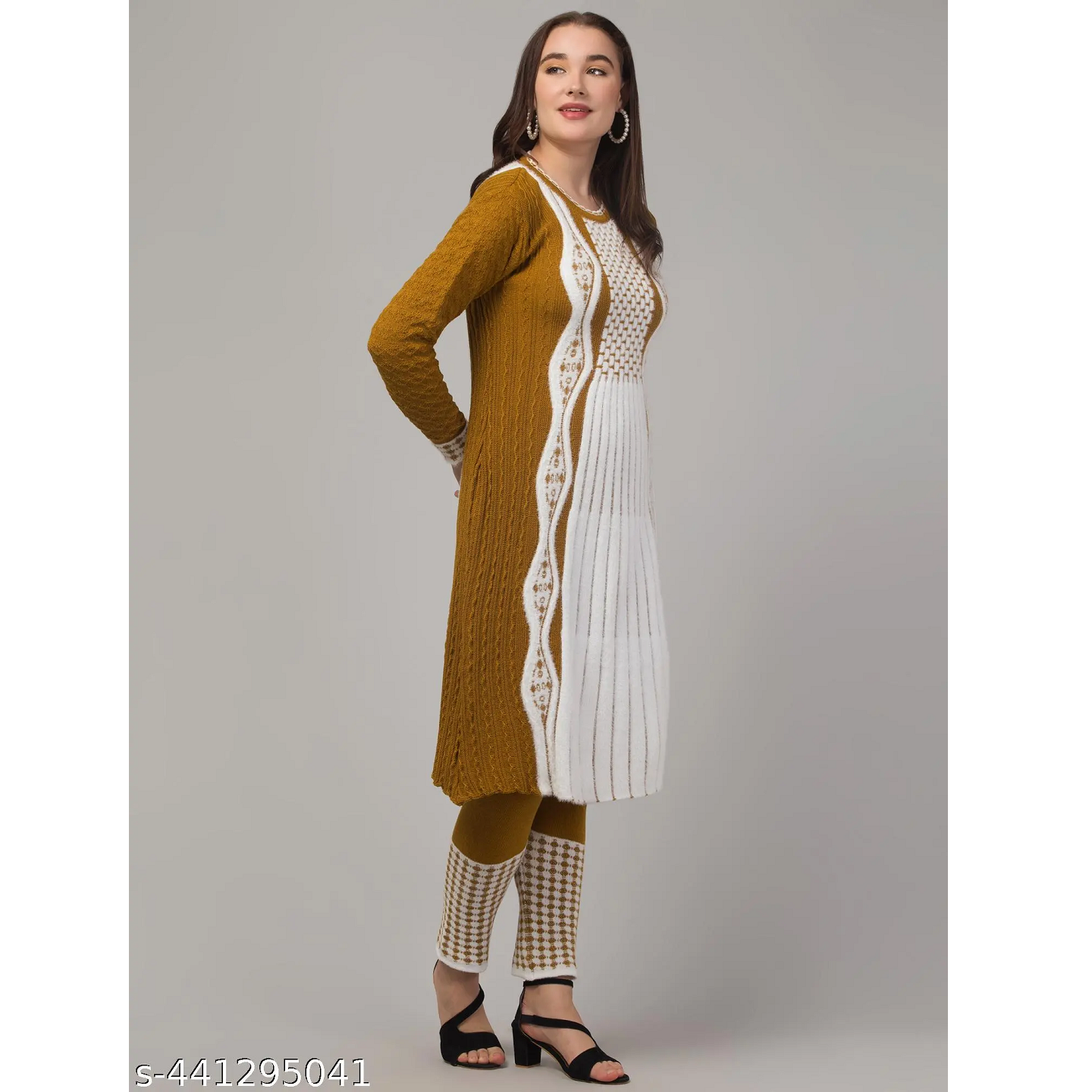 Cream Knitting Wool A-line Kurta Pant Set