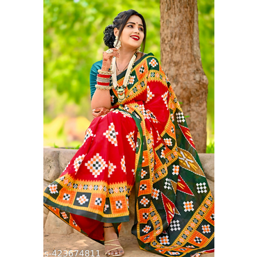 Red Printed Cotton Sambalpuri Bandhani Saree Without Blouse