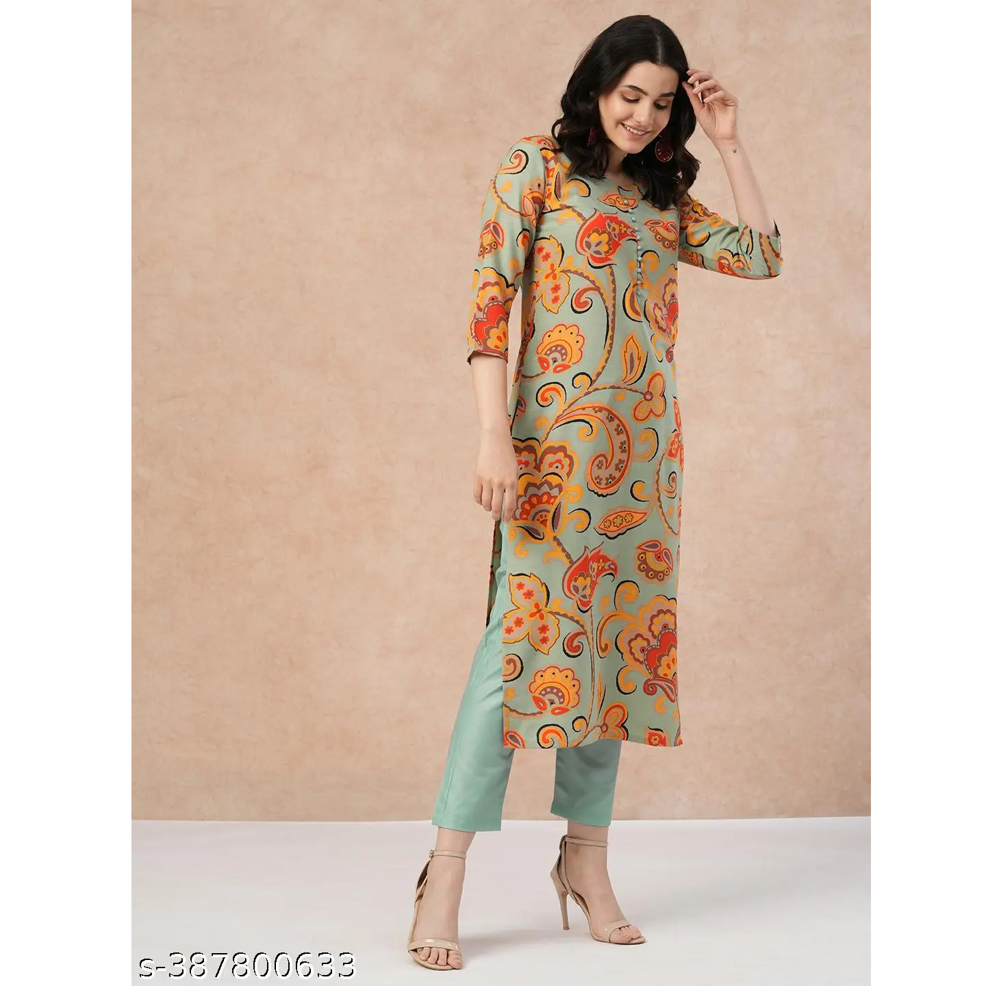 Women's Pista Cotton Blend Printed Kurta with Trouser