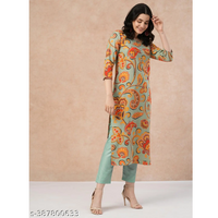 Women's Pista Cotton Blend Printed Kurta with Trouser