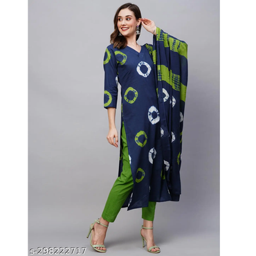 Navy Blue Printed Cotton Blend Straight Kurta Pant Dupatta Set