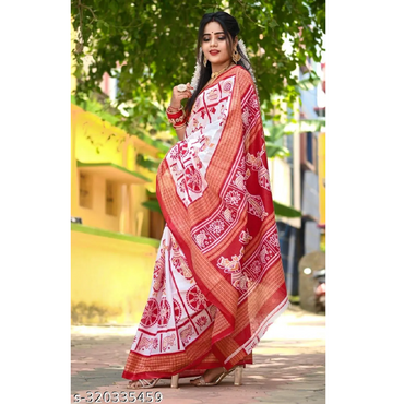 Red Printed Cotton Sambalpuri Saree Without Blouse