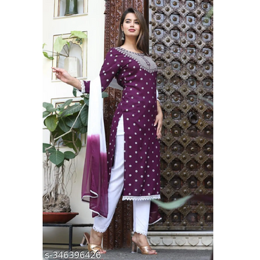 Purple Embroidered Rayon Straight Stitched Kurta Pant Dupatta Set