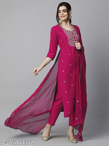 Pink Embroidered Rayon Straight Kurta Pant Dupatta Set