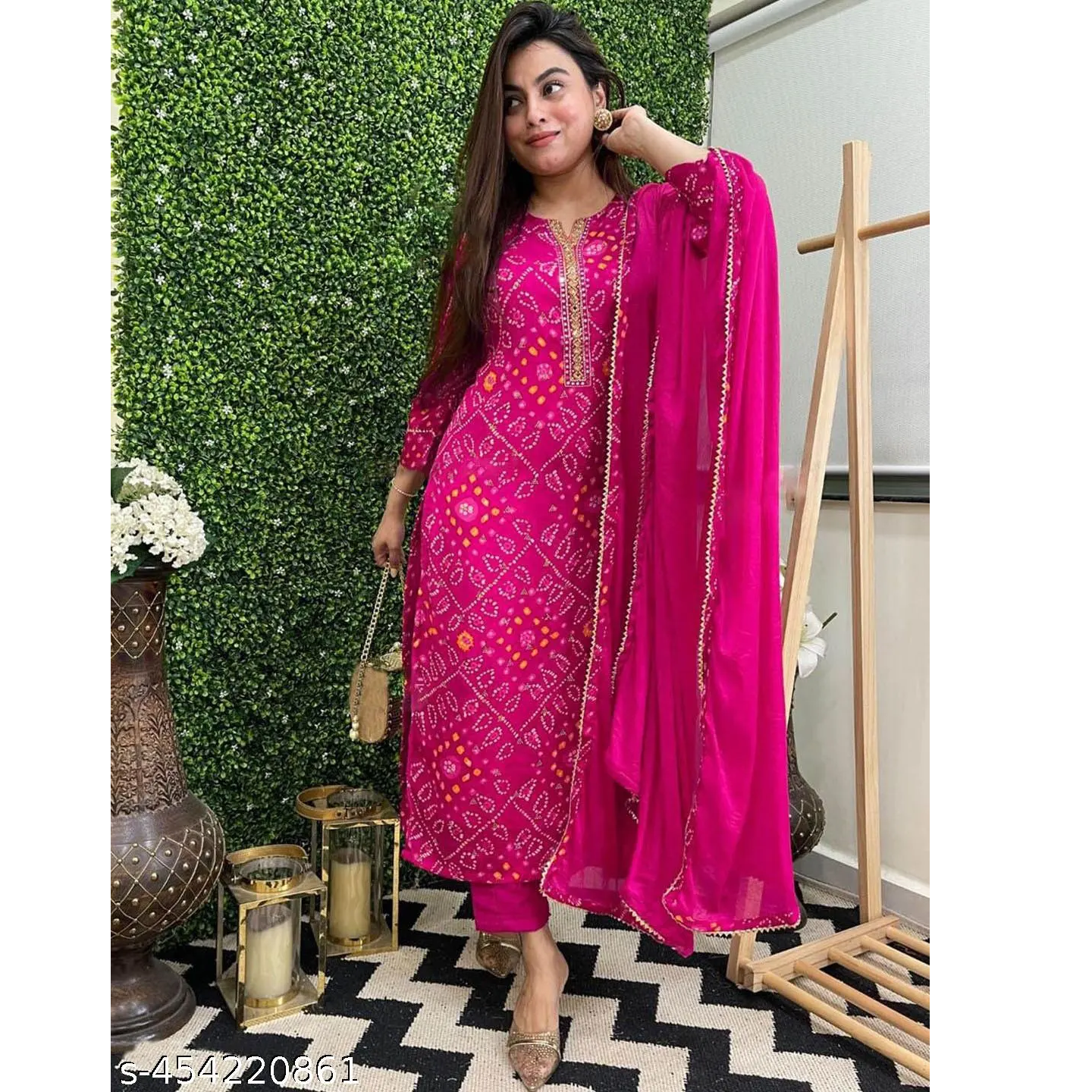 Pink Printed Rayon Bandhani Kurta Pant Dupatta Sets