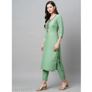 Pista Green Embroidered Cotton Blend Straight Kurta Pant Dupatta Set