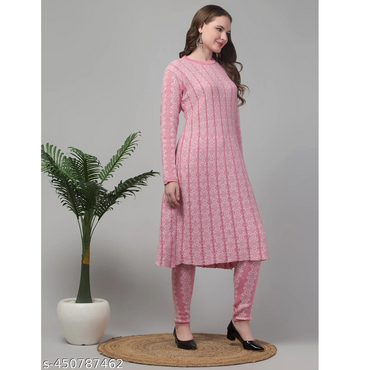 Baby Pink Knitting Woolen A-line Kurta Pant Set