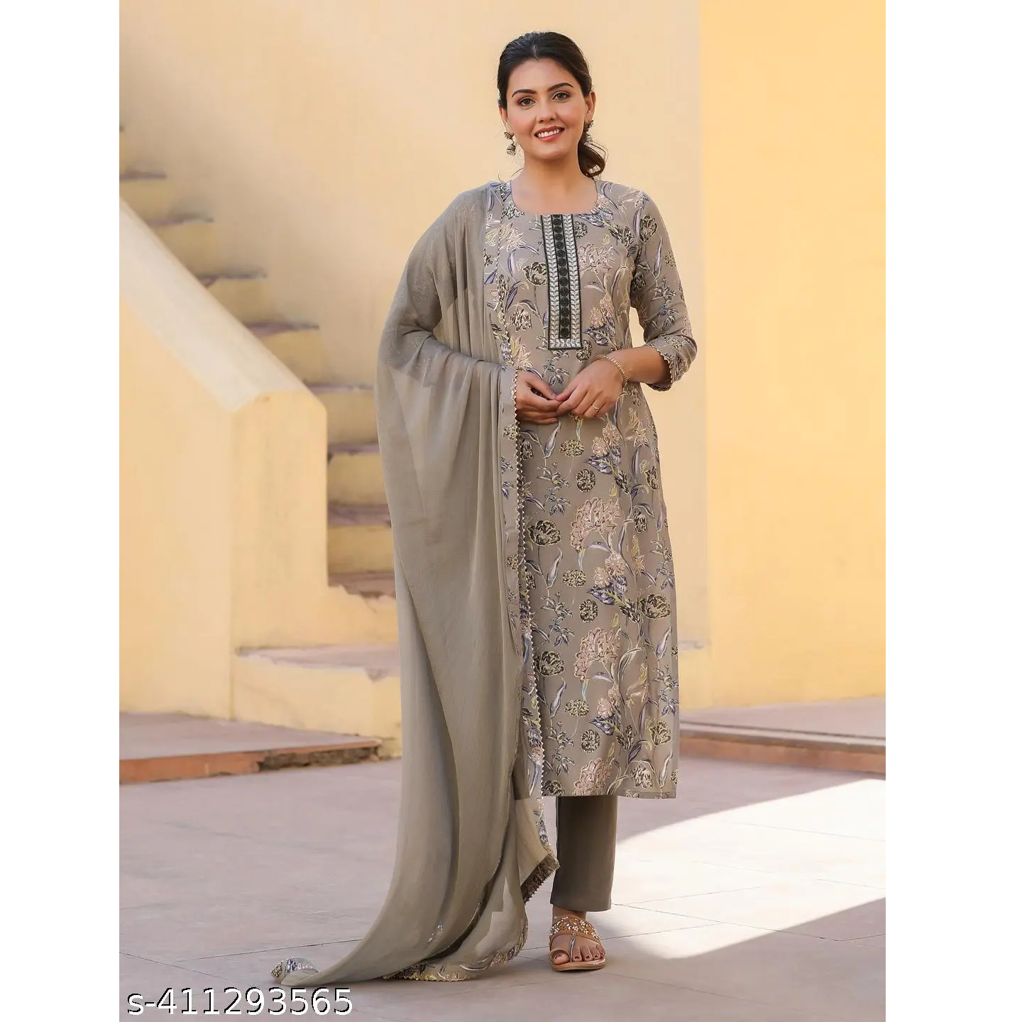 Gray Printed Cotton Blend Straight Kurta Pant Dupatta Set