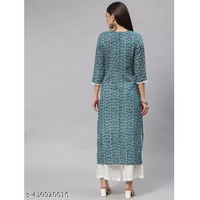 Teal Green Printed Rayon A-line Kurta With Bottomwear