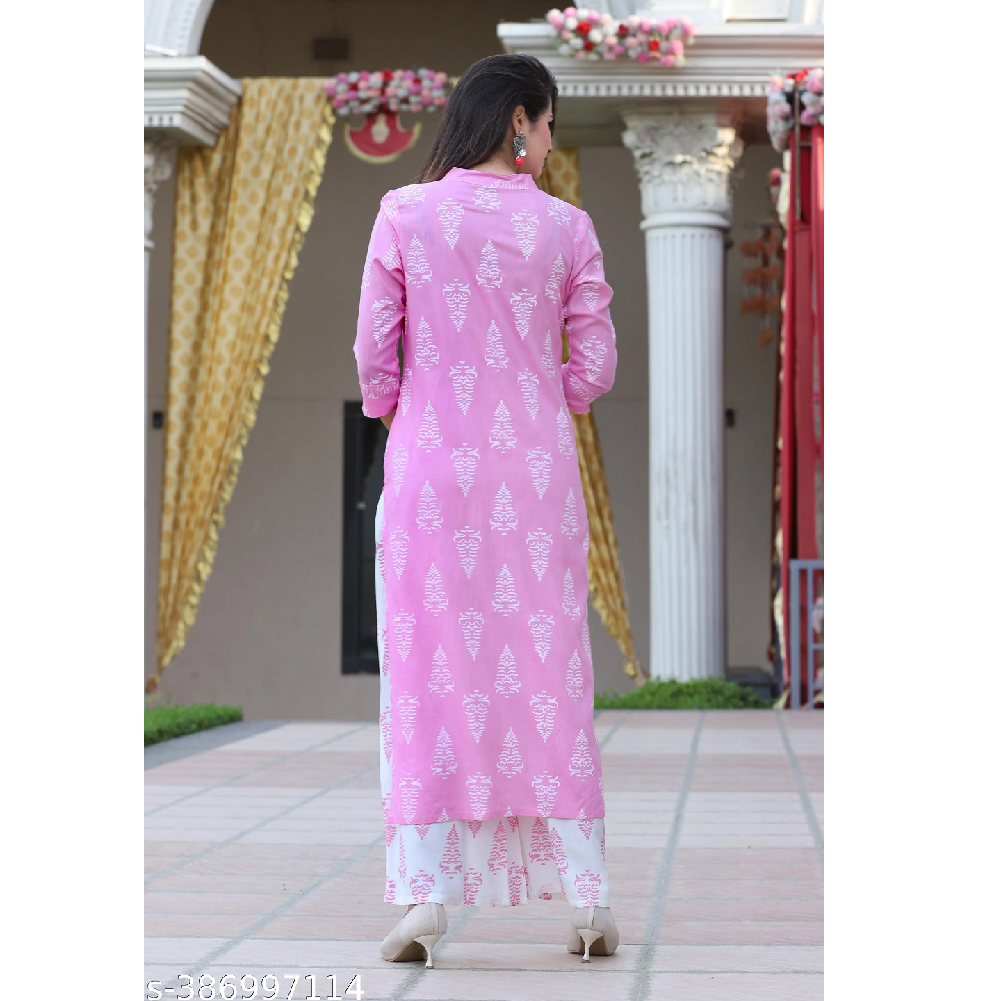 Pink Block Printed Rayon Straight Kurta Pant Sets