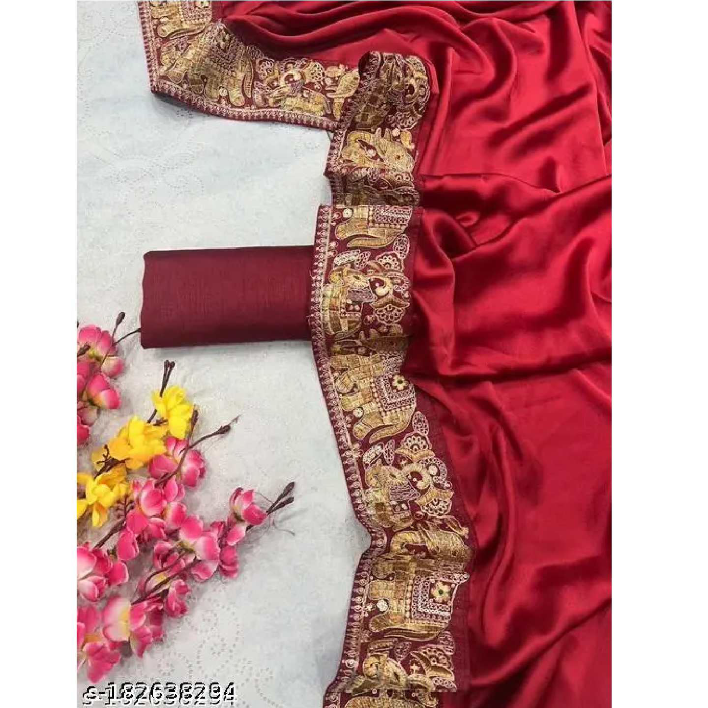 Red Solid Art Silk Embroidery Saree With Blouse