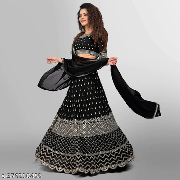 Black Embroidered Georgette Lehenga For Women