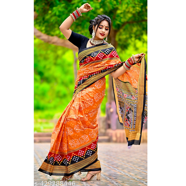 Orange Printed Cotton Sambalpuri Saree Without Blouse