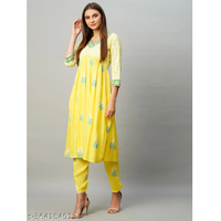 Yellow Embroidered Cotton Blend Straight Kurta Pant Dupatta Set