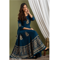 Blue Printed Rayon Anarkali Kurta Pant Set For Women