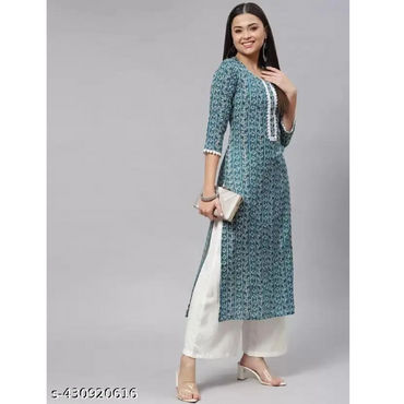 Teal Green Printed Rayon A-line Kurta With Bottomwear