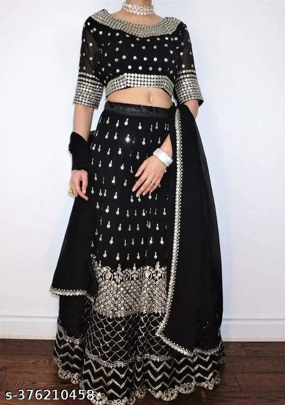 Black Embroidered Georgette Lehenga For Women