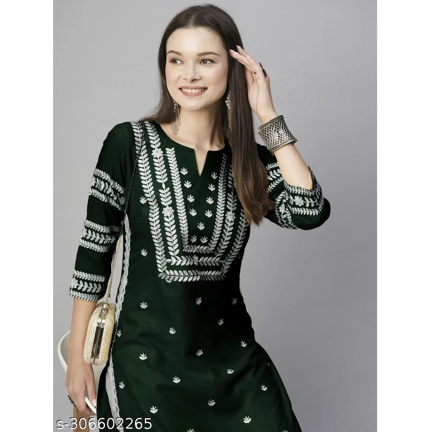 Green Chikankari Cotton Blend Straight Kurta Set For Women