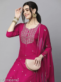 Pink Embroidered Rayon Straight Kurta Pant Dupatta Set