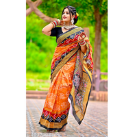 Orange Printed Cotton Sambalpuri Saree Without Blouse