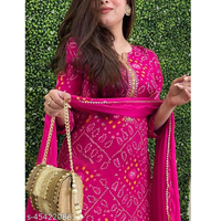 Pink Printed Rayon Bandhani Kurta Pant Dupatta Sets