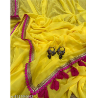 Yellow Solid Georgette Red Lace Saree