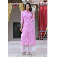 Pink Block Printed Rayon Straight Kurta Pant Sets