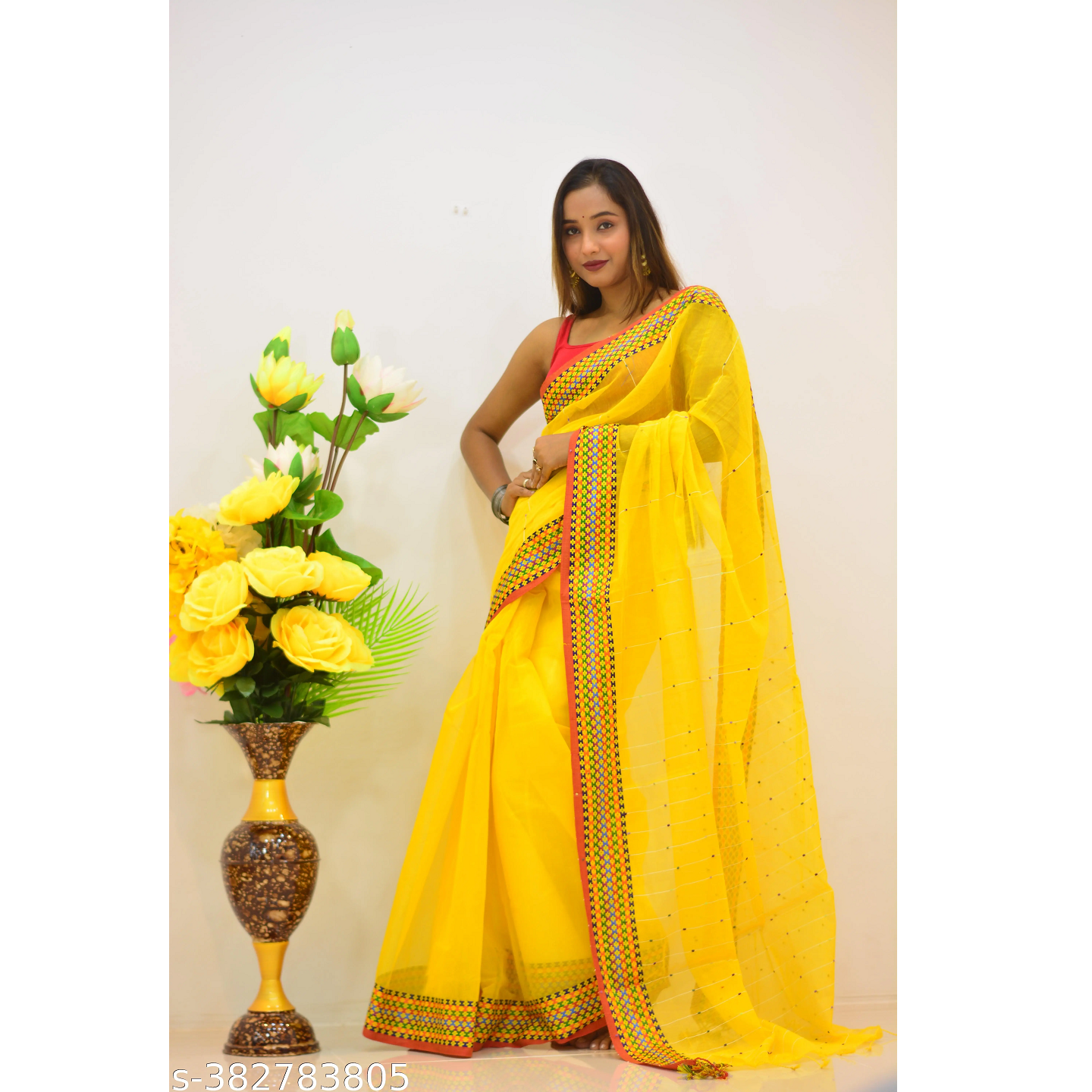 Yellow Printed Cotton Blend Saree