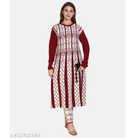 White Maroon Knitting Wool A-line Kurta Pant Set