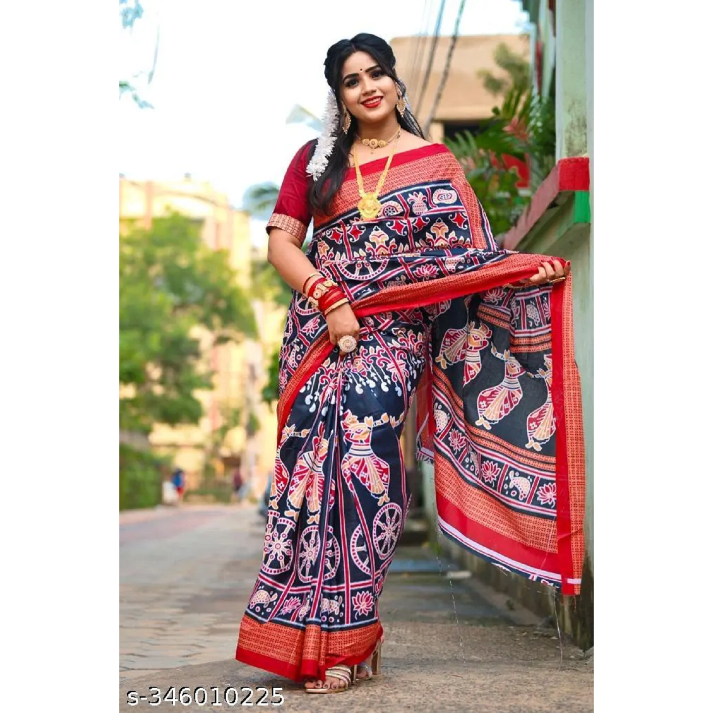 Blue Printed Cotton Sambalpuri Saree Without Blouse