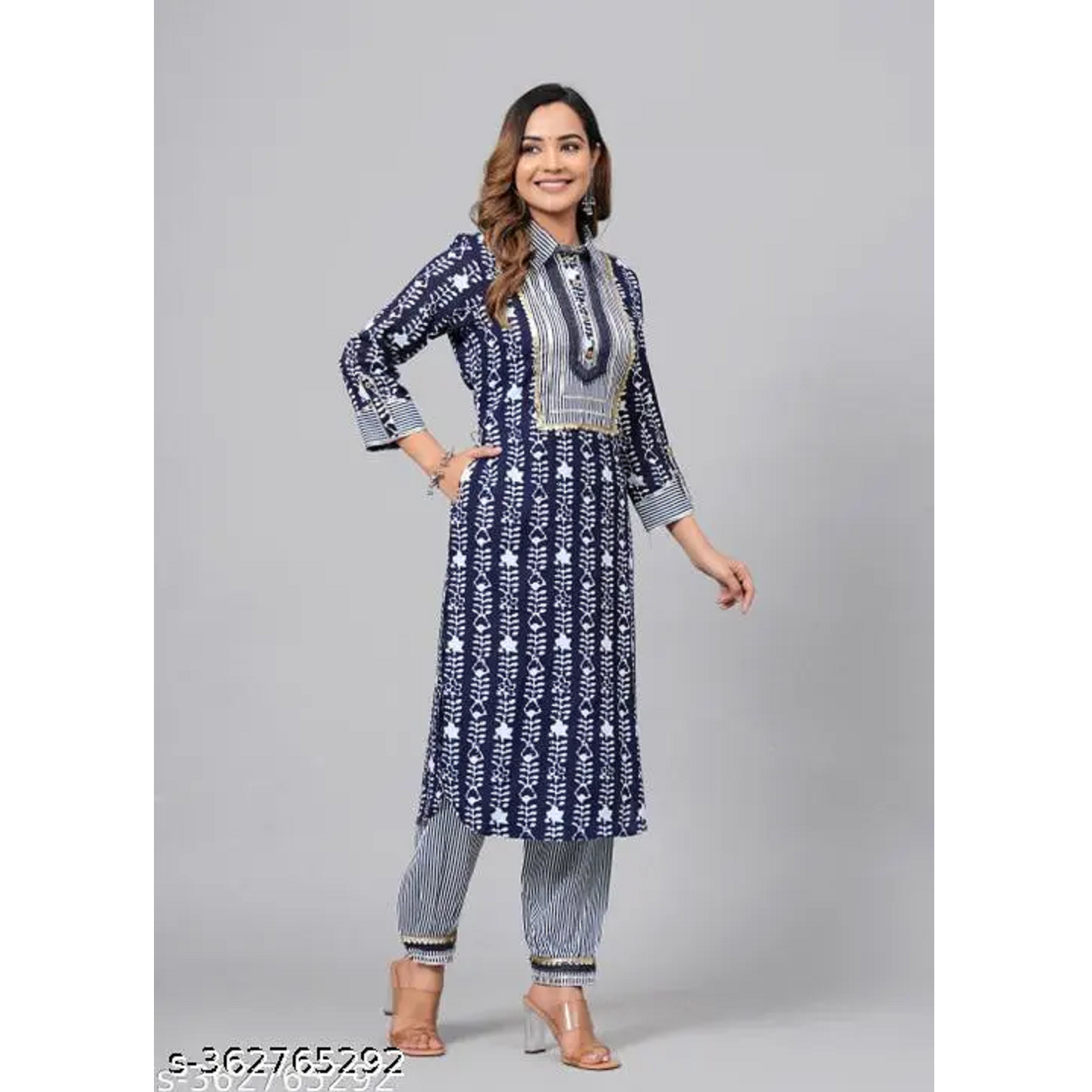 Navy Blue Printed Rayon Straight Kurta Pant Set