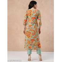 Women's Pista Cotton Blend Printed Kurta with Trouser