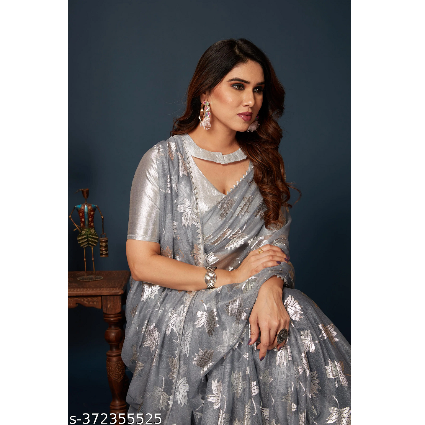 Silver Foil Printed Chiffon Bollywood Saree With Blouse