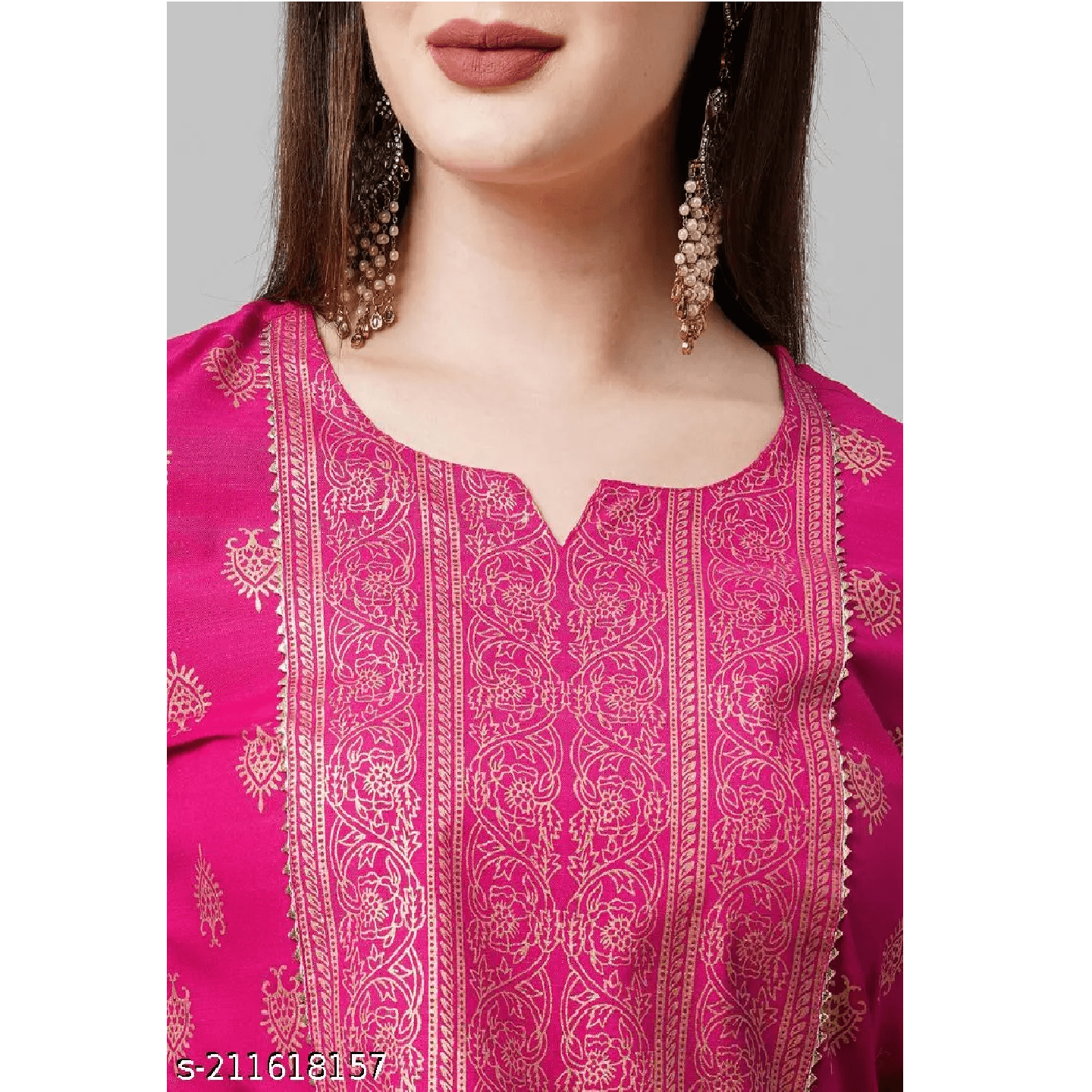 Dark Pink Foil Printed Cotton Blend Straight Kurta Pant Dupatta Set