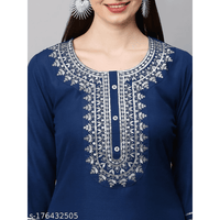 Navy Blue Embroidered Rayon Straight Kurta Pant Dupatta Set