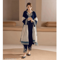 Navy Embroidered Velvet A-Line Kurta Pant Dupatta Set