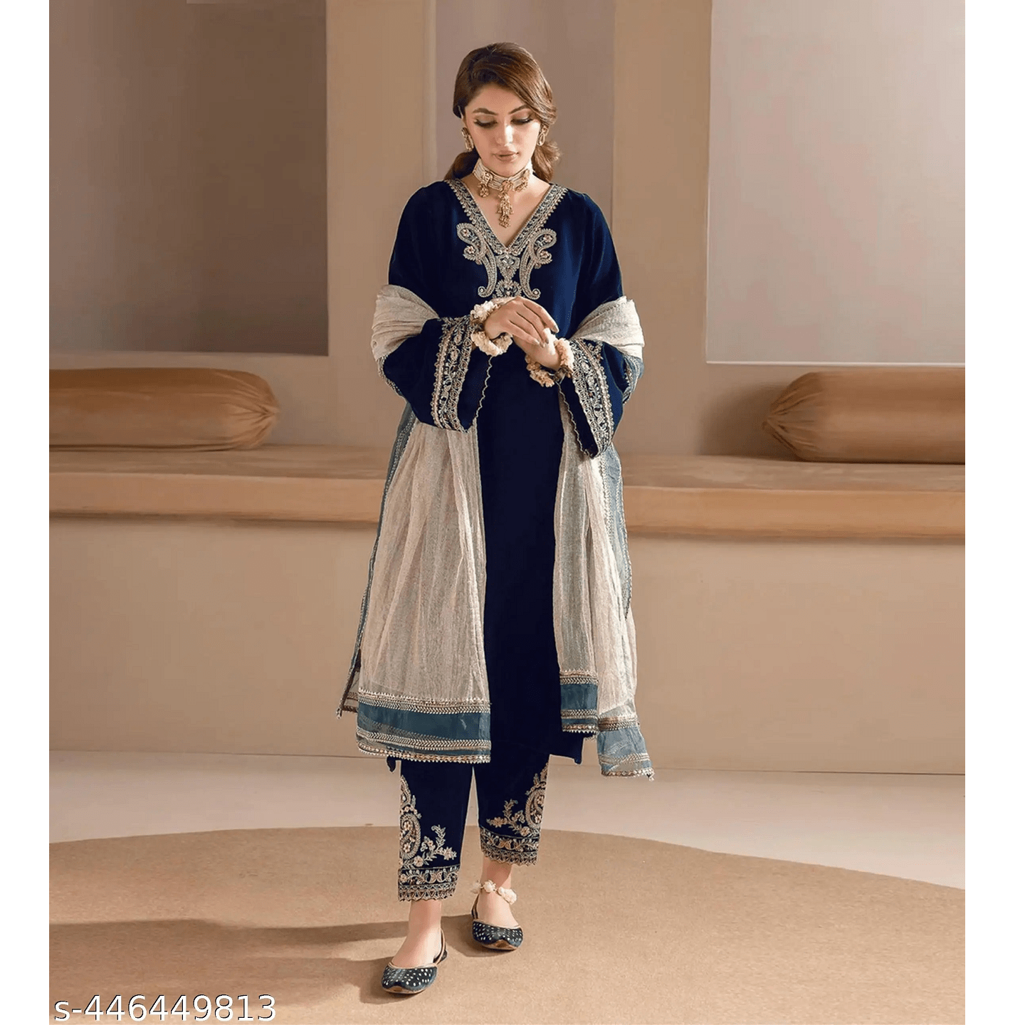 Navy Embroidered Velvet A-Line Kurta Pant Dupatta Set