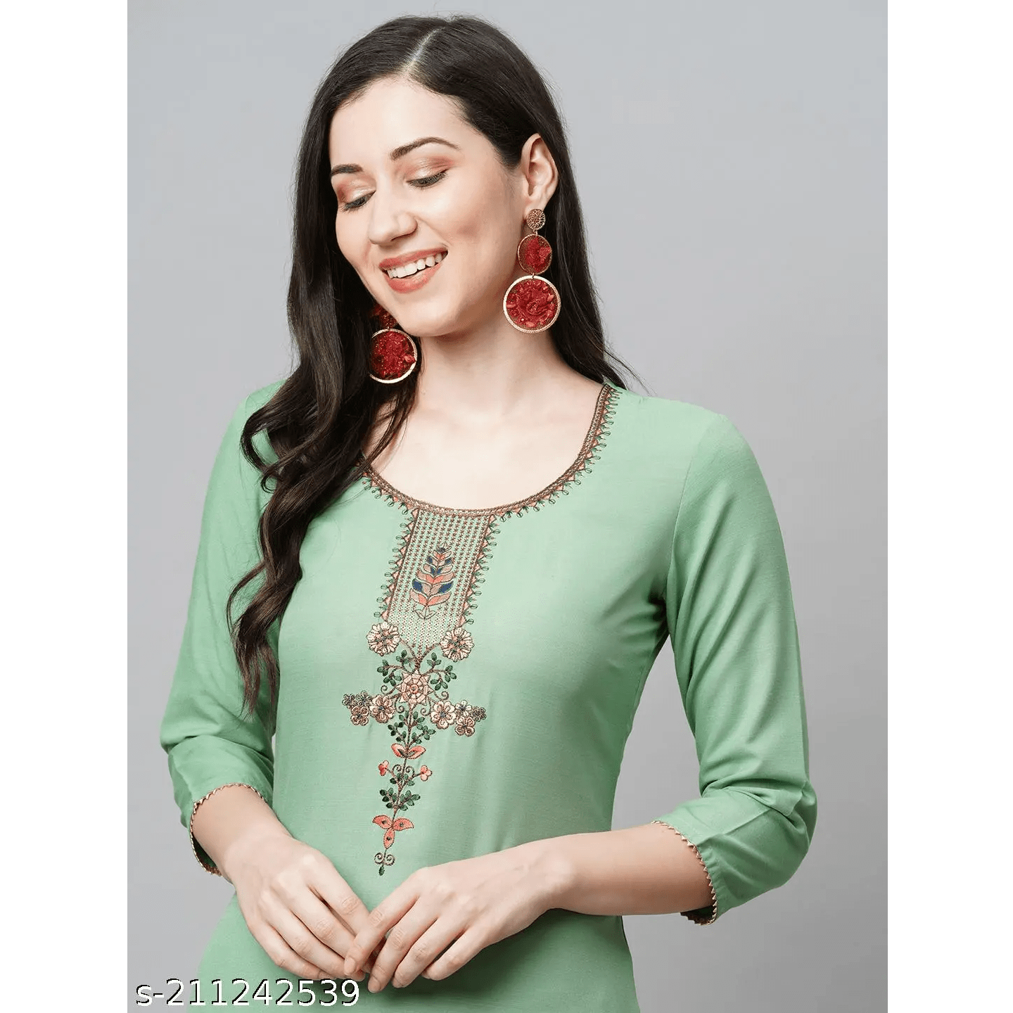 Pista Green Embroidered Cotton Blend Straight Kurta Pant Dupatta Set