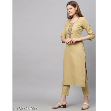 Beige Embroidered Rayon Straight Kurta Pant Dupatta Set