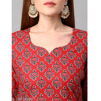 Red Printed Cotton Blend Straight Kurta Pant Dupatta Set