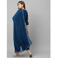 Blue Embroidered Cotton Blend Straight Kurta Pant Dupatta Set