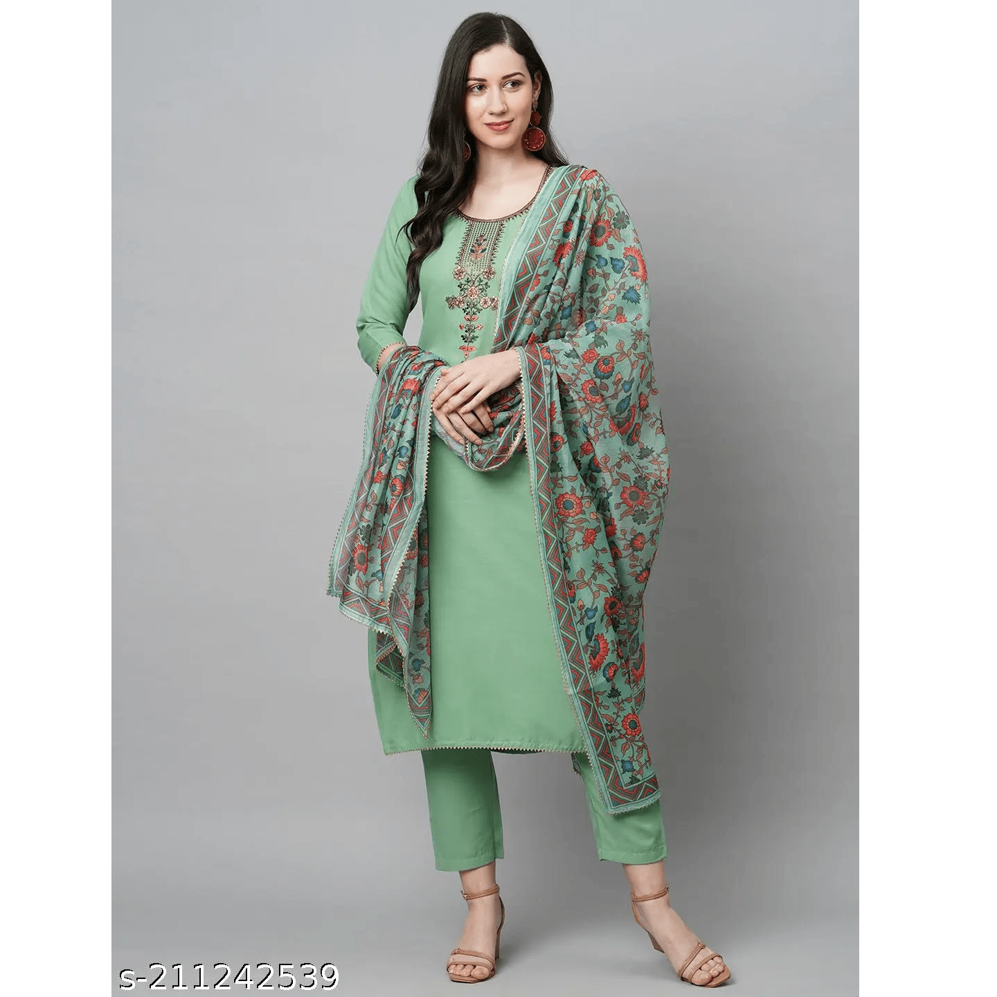 Pista Green Embroidered Cotton Blend Straight Kurta Pant Dupatta Set