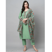 Pista Green Embroidered Cotton Blend Straight Kurta Pant Dupatta Set