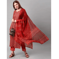 Red Printed Cotton Blend Straight Kurta Pant Dupatta Set