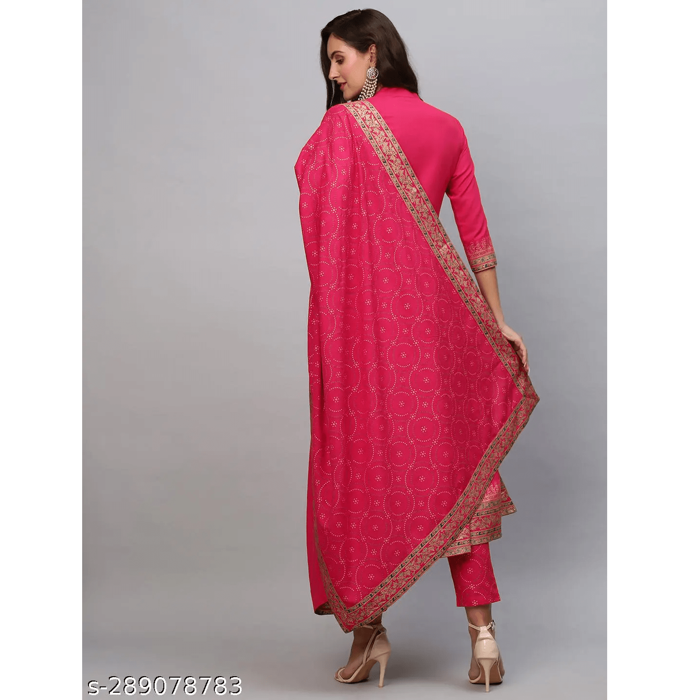 Dark Pink Solid Cotton Blend Anarkali Kurta Pant Dupatta Set